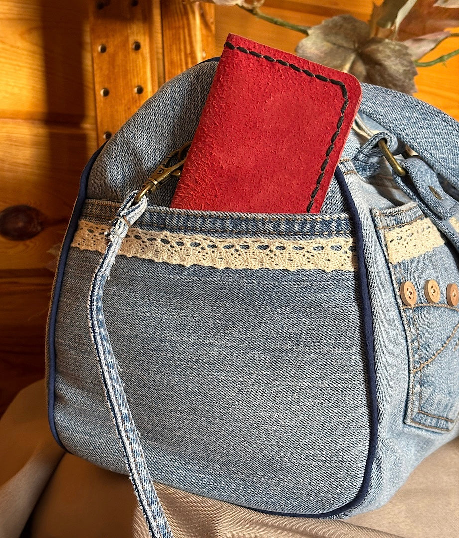 Upcycled Denim Jean Barrel Handbag with Crocheted Antique Lace