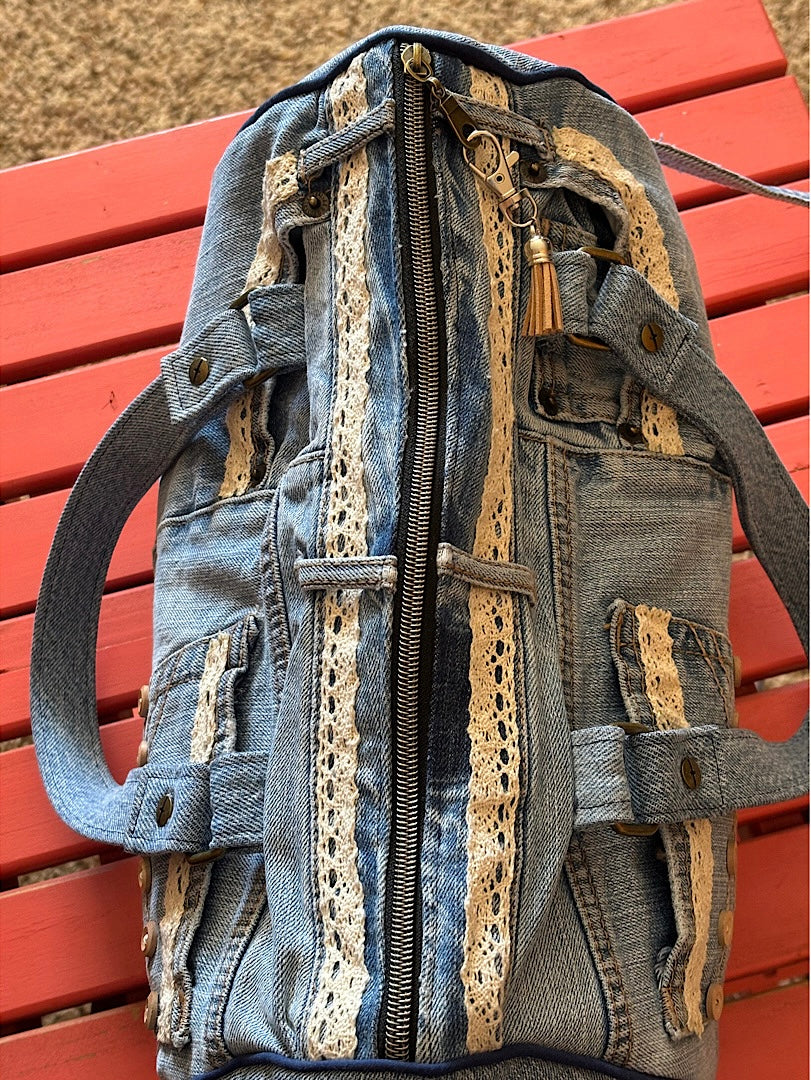 Upcycled Denim Jean Barrel Handbag with Crocheted Antique Lace