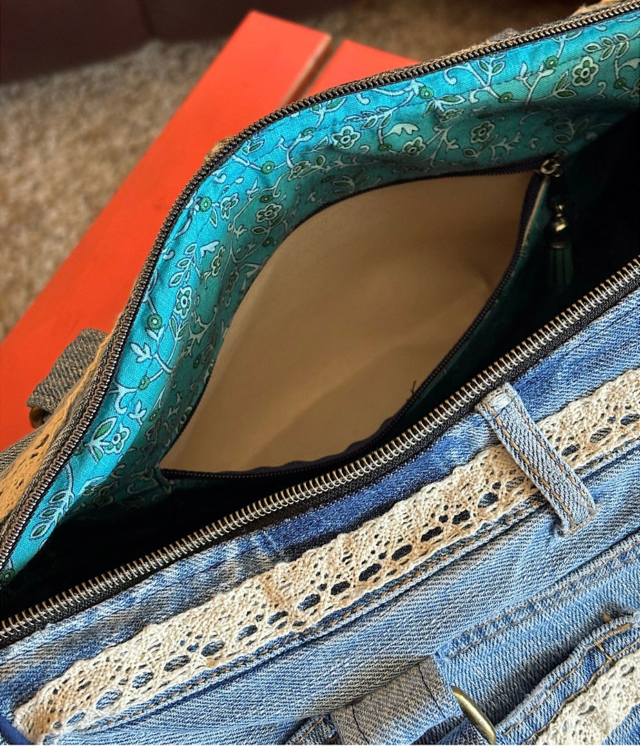 Upcycled Denim Jean Barrel Handbag with Crocheted Antique Lace