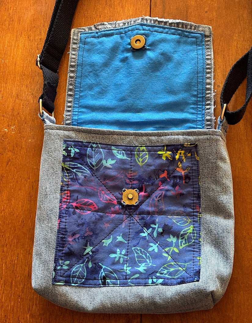 Upcycled Denim and Quilting Cotton Crossbody with Flap