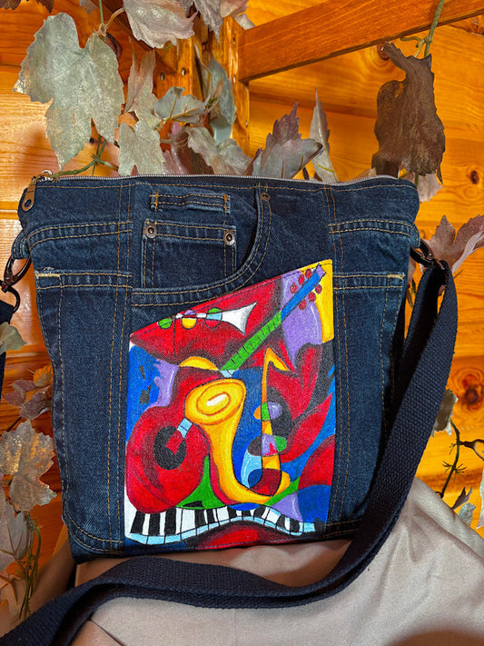 Upcycled Denim Jeans with Hand Painted Musical Instruments Crossbody Bag