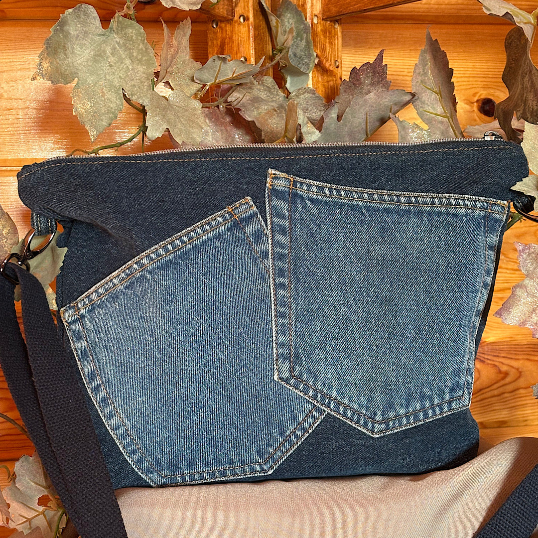 Upcycled Denim Jeans with Hand Painted Musical Instruments Crossbody Bag