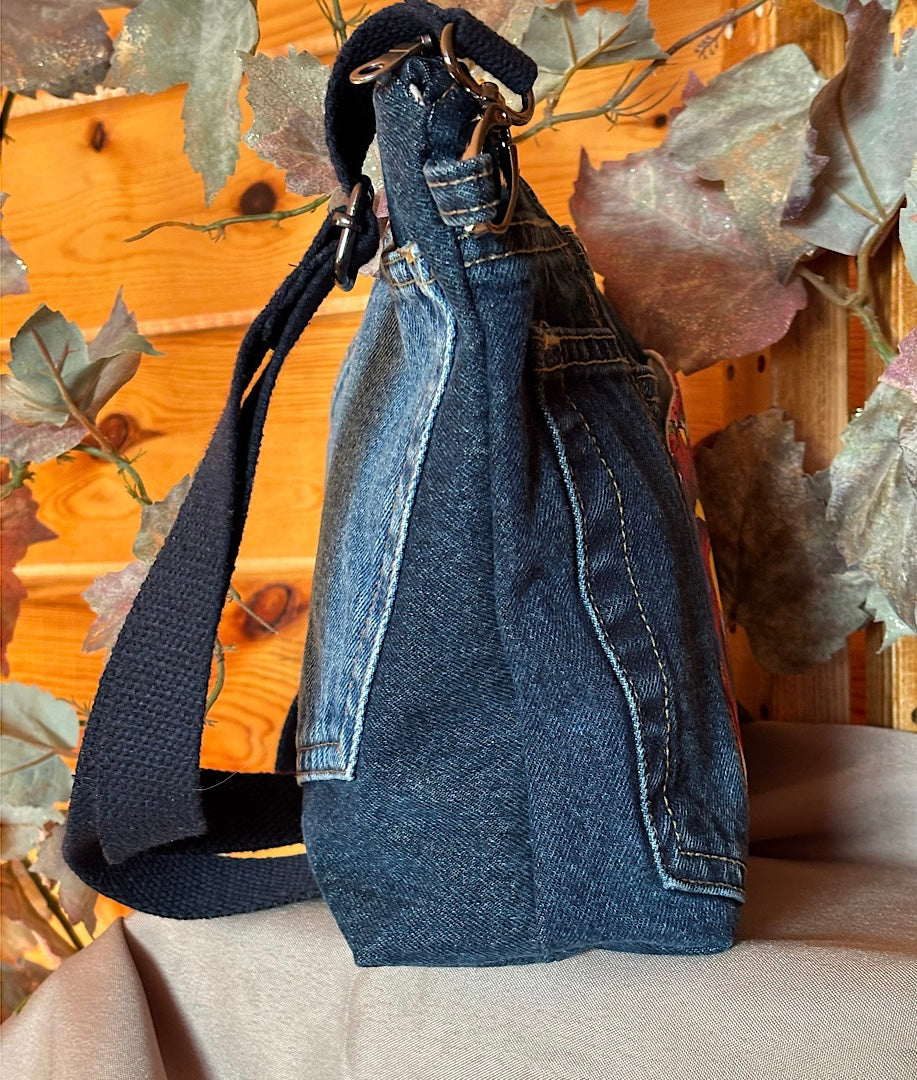 Denim Jeans Upcycled with Hand Painted Musical Instruments Crossbody Bag