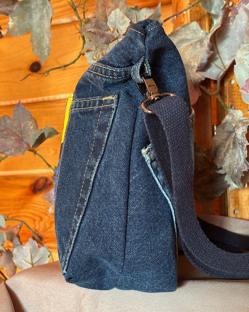 Upcycled Denim Jeans with Hand Painted Musical Instruments Crossbody Bag