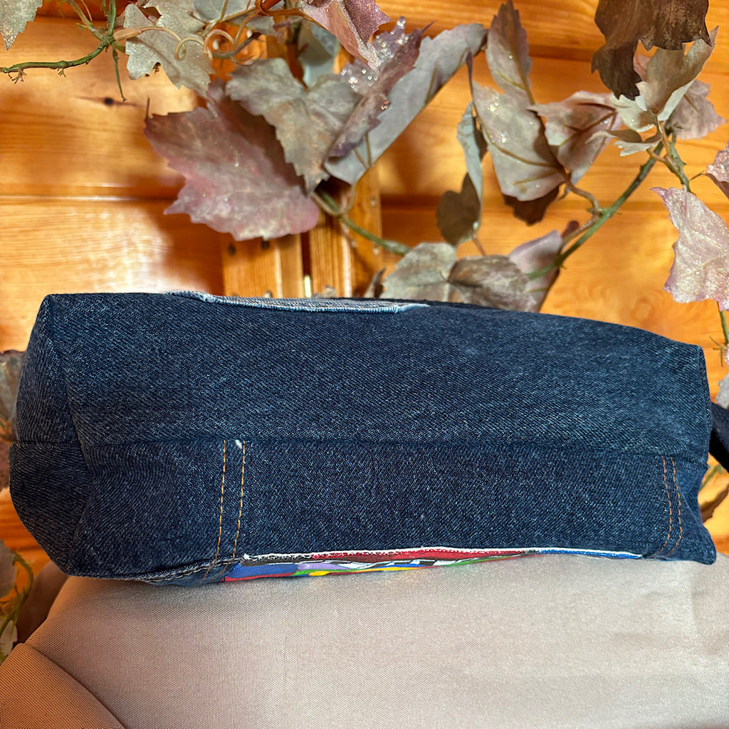 Denim Jeans Upcycled with Hand Painted Musical Instruments Crossbody Bag