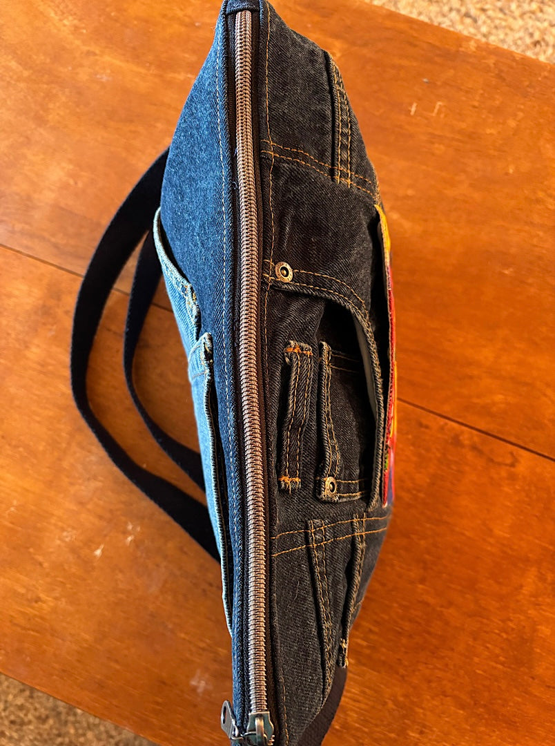 Denim Jeans Upcycled with Hand Painted Musical Instruments Crossbody Bag