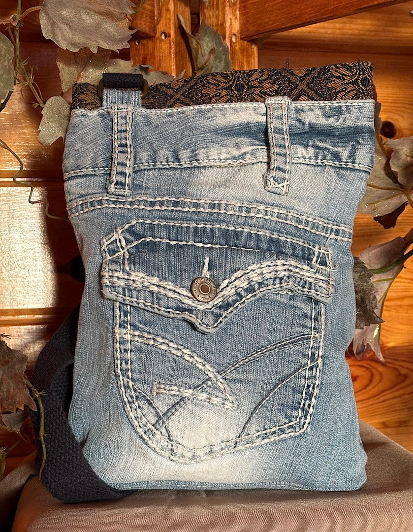 Denim Jeans Upcycled Crossbody Handbag with Upholstery Top