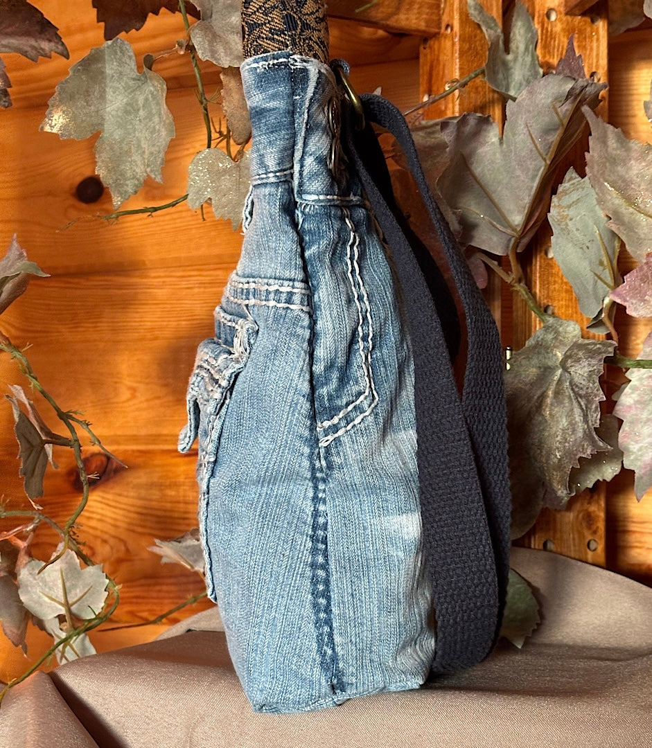 Denim Jeans Upcycled Crossbody Handbag with Upholstery Top