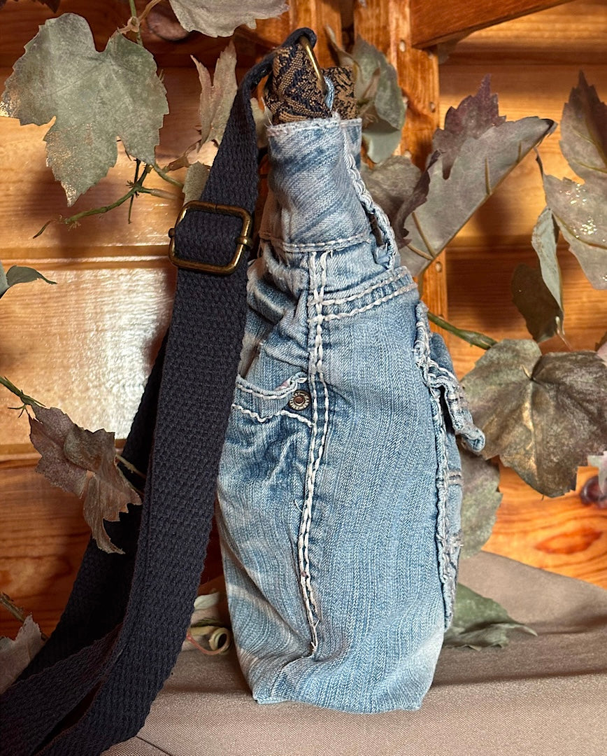 Denim Jeans Upcycled Crossbody Handbag with Upholstery Top