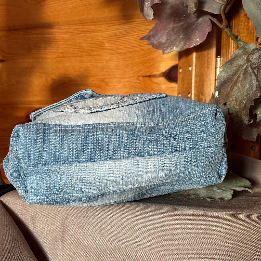 Denim Jeans Upcycled Crossbody Handbag with Upholstery Top