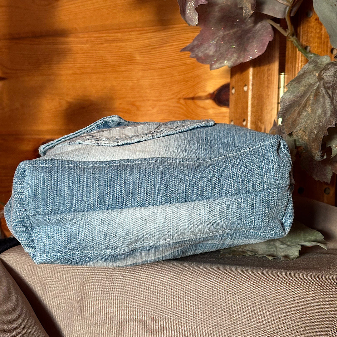 Denim Jeans Upcycled Crossbody Handbag with Upholstery Top