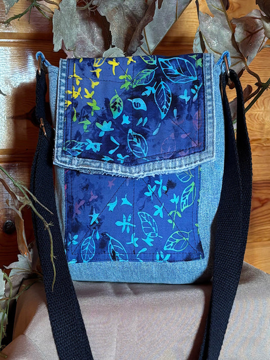 Upcycled Denim and Quilting Cotton Crossbody with Flap