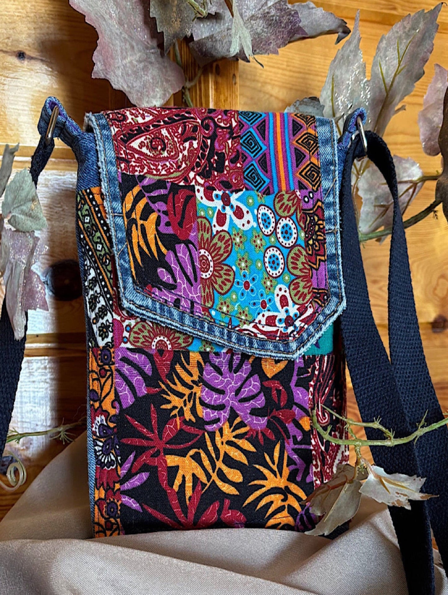 Upcycled Denim with Cotton Canvas Crossbody with Flap