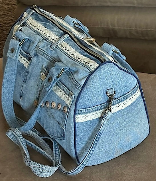 Upcycled Denim Jean Barrel Handbag with Crocheted Antique Lace