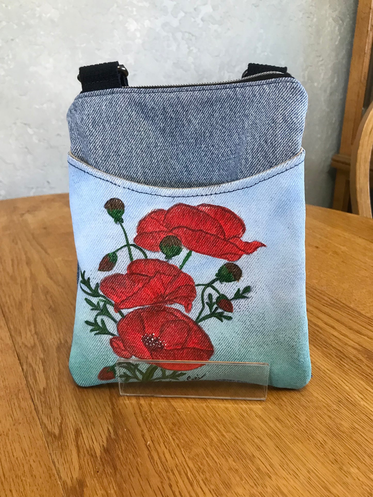 Upcycled Denim Handpainted Red Poppy Cell Phone Bag
