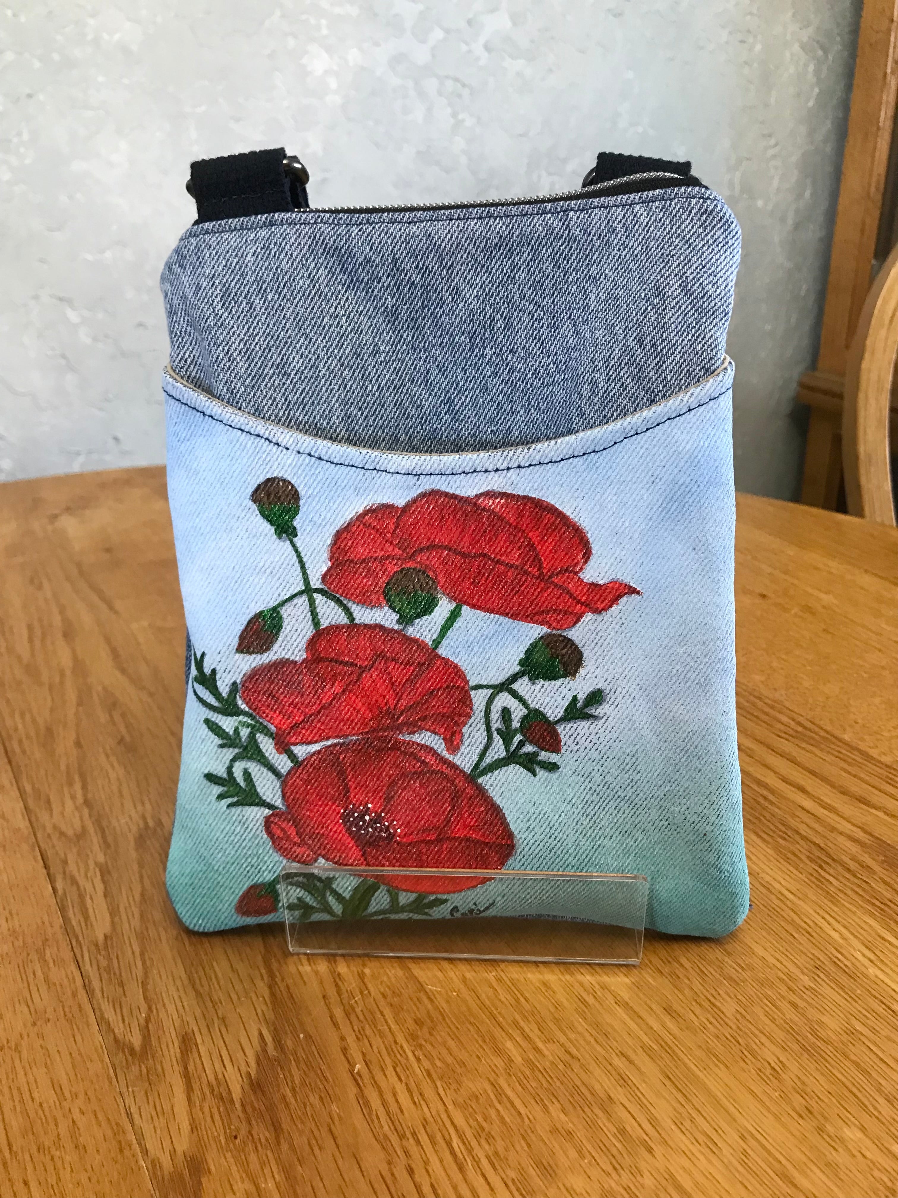 Upcycled Denim Handpainted Red Poppy Cell Phone Bag