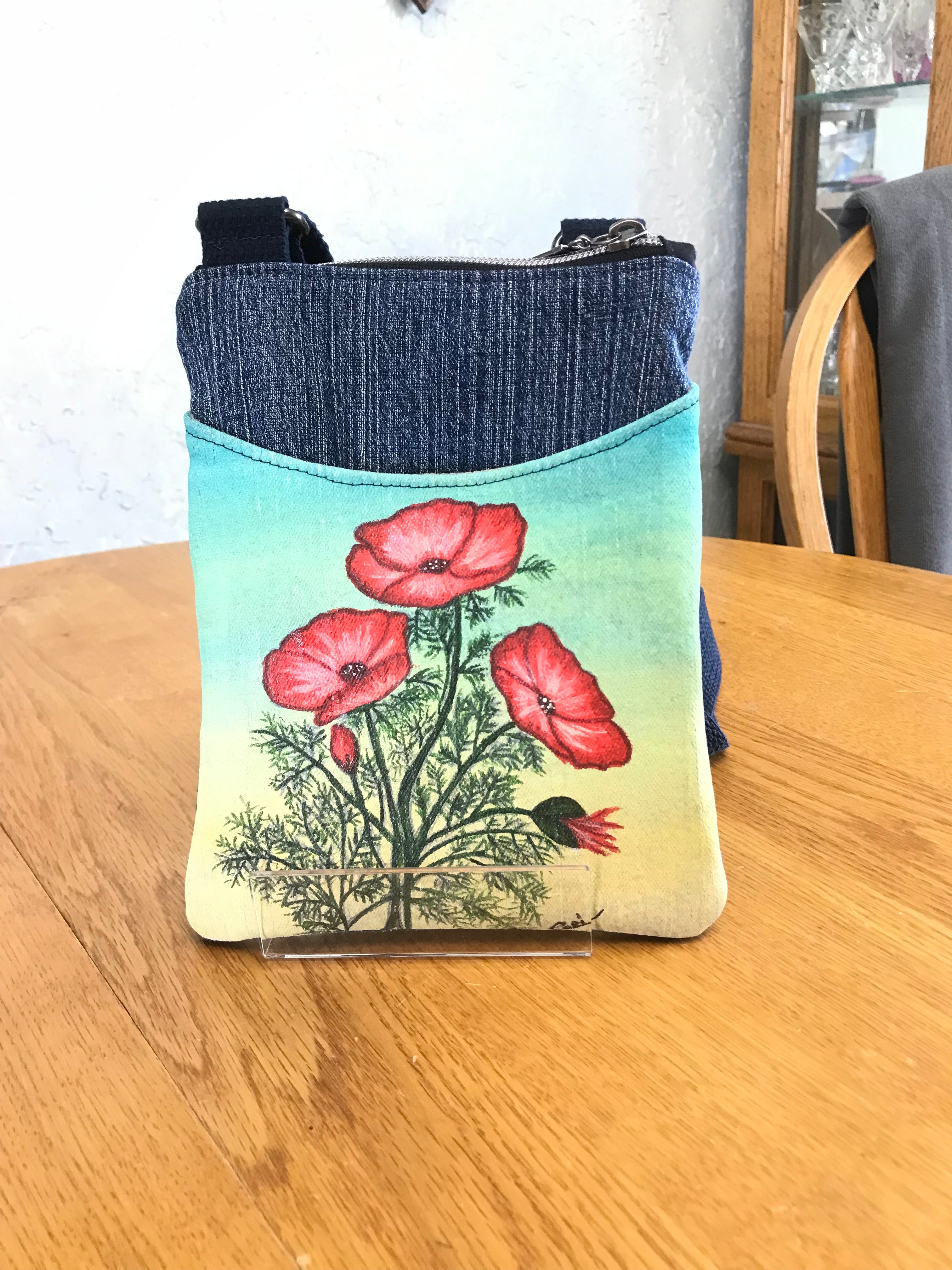 Upcycled Denim Handpainted Poppy Cell Phone Bag