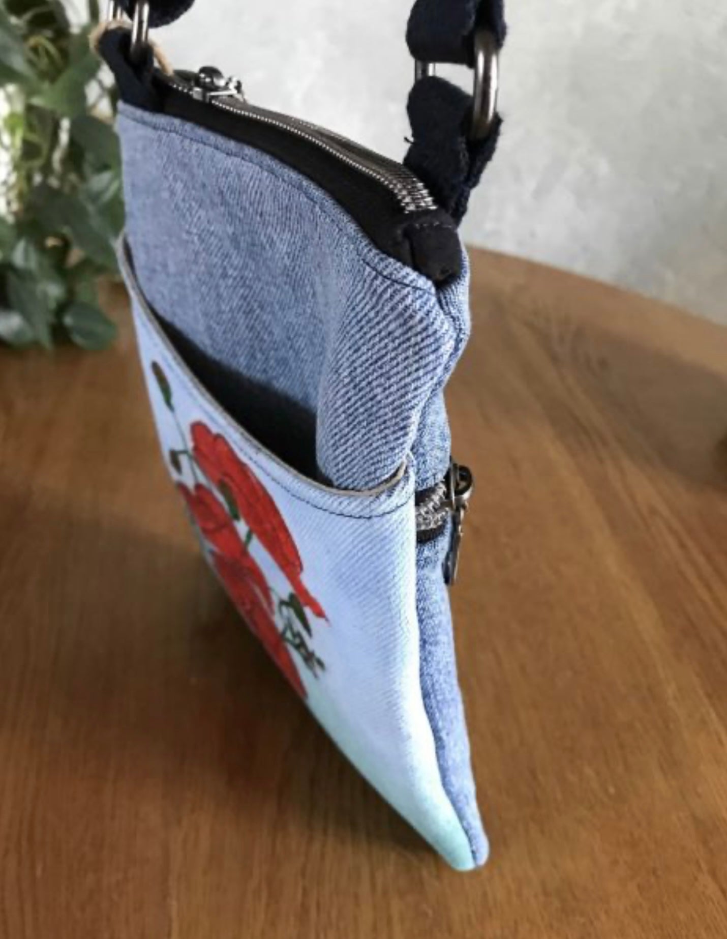 Upcycled Denim Handpainted Red Poppy Cell Phone Bag