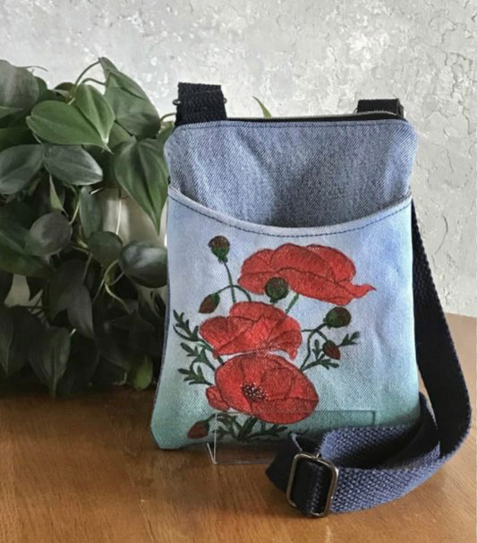 Upcycled Denim Handpainted Red Poppy Cell Phone Bag