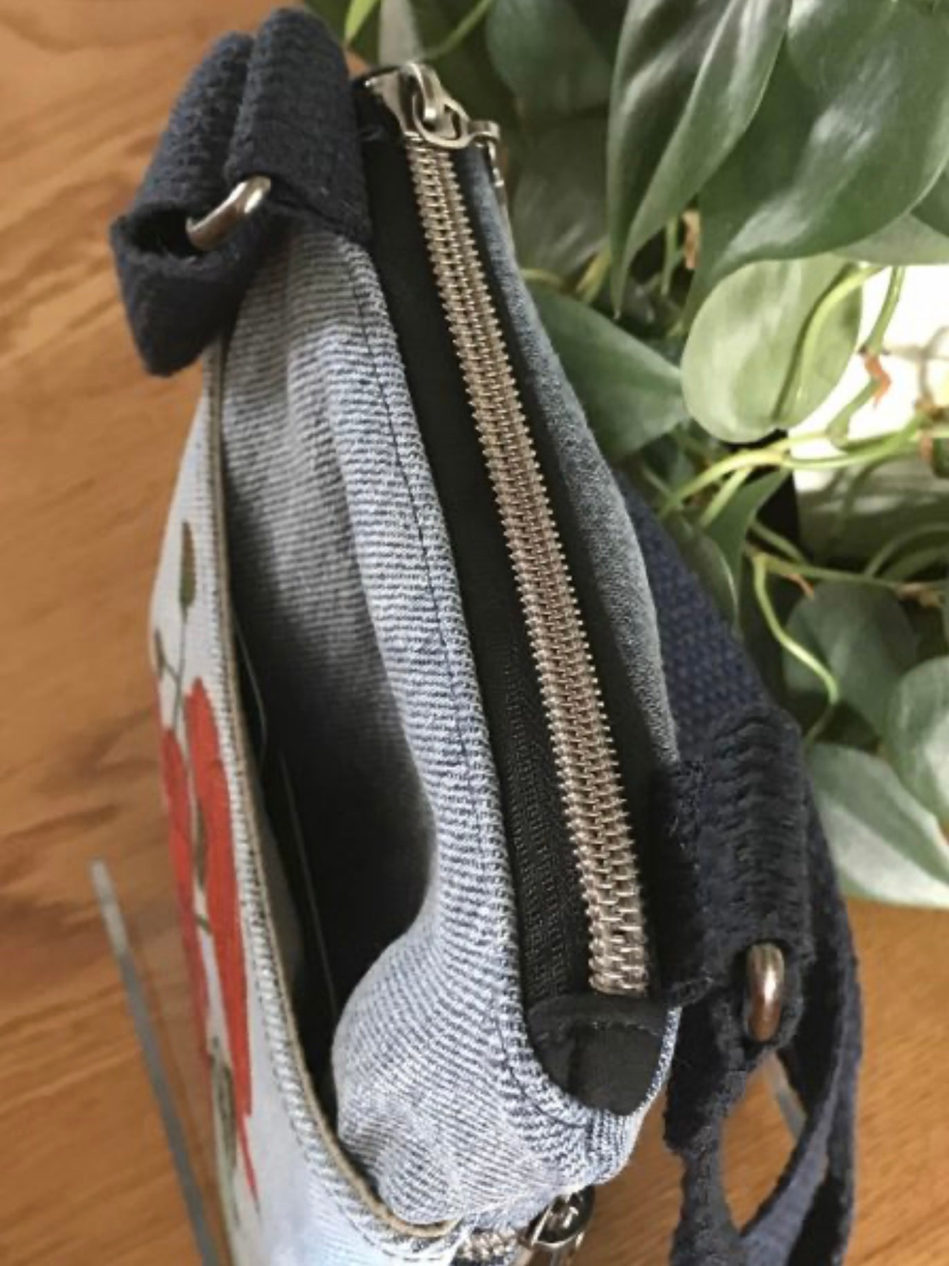 Upcycled Denim Handpainted Red Poppy Cell Phone Bag