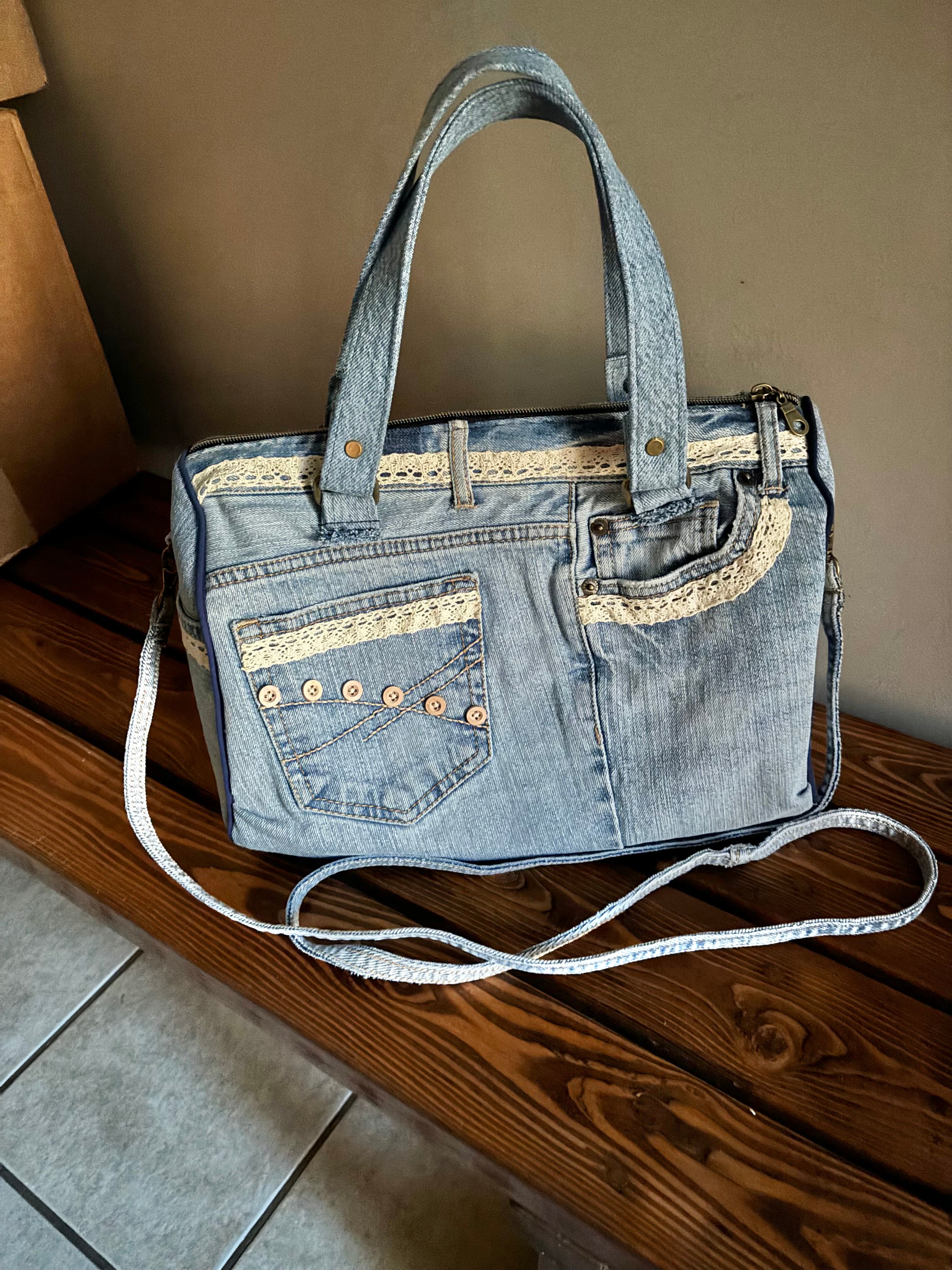 Upcycled Denim Jean Barrel Handbag with Crocheted Antique Lace