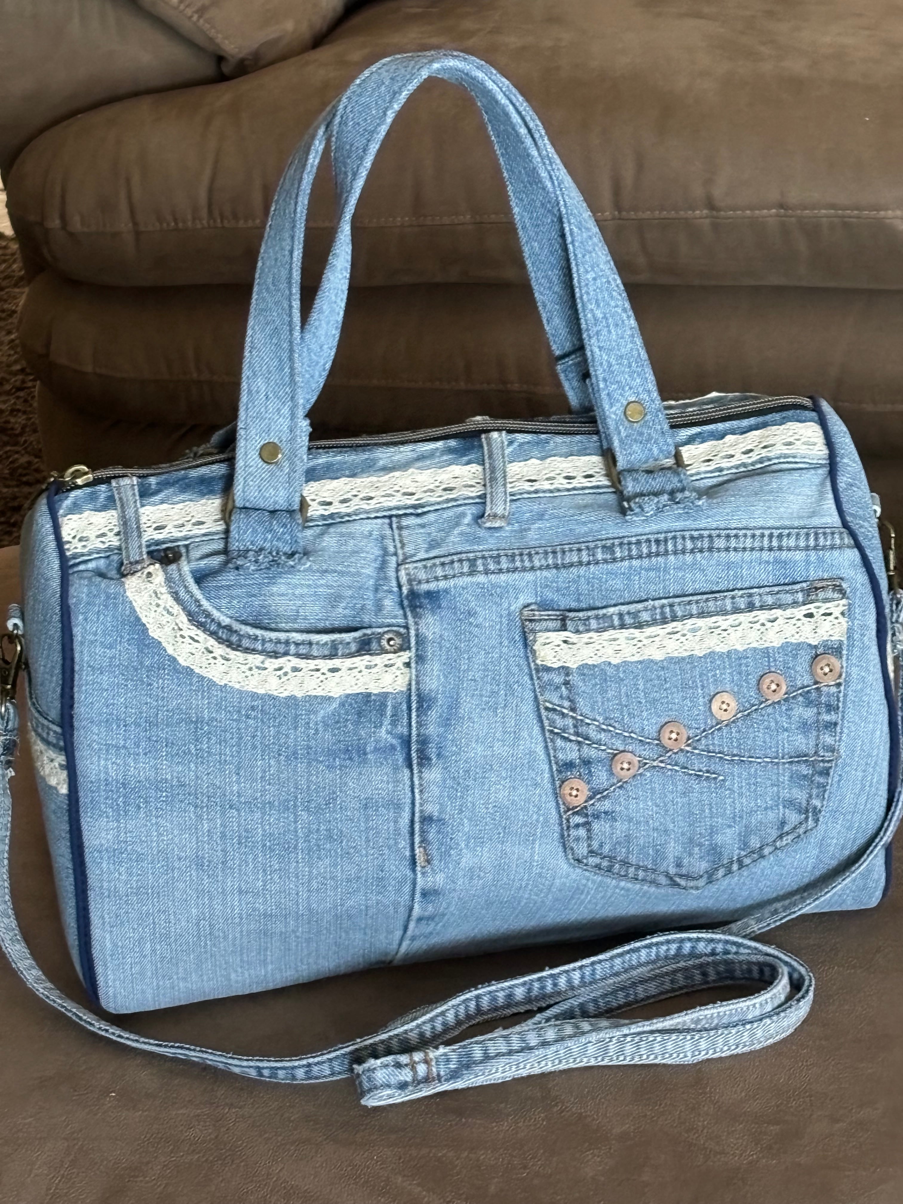 Upcycled Denim Jean Barrel Handbag with Crocheted Antique Lace