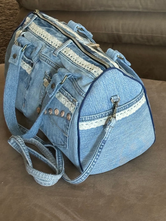 Upcycled Denim Jean Barrel Handbag with Crocheted Antique Lace