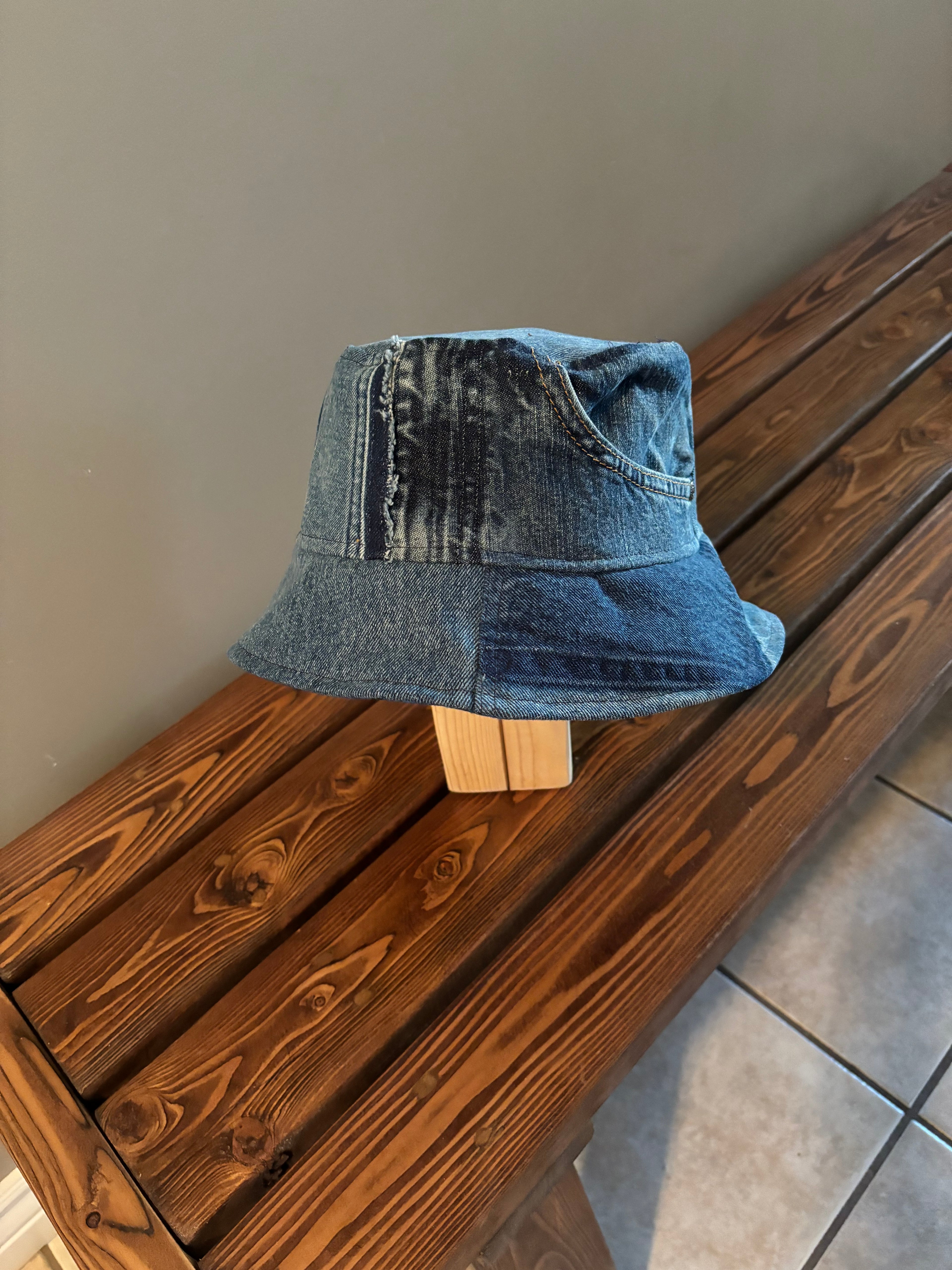 Upcycled Revesible Denim Bucket Hat with Blue Plaid Cotton Lining