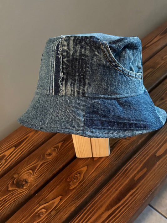 Revesible Upcycled Denim Bucket Hat with Blue Plaid Cotton Lining