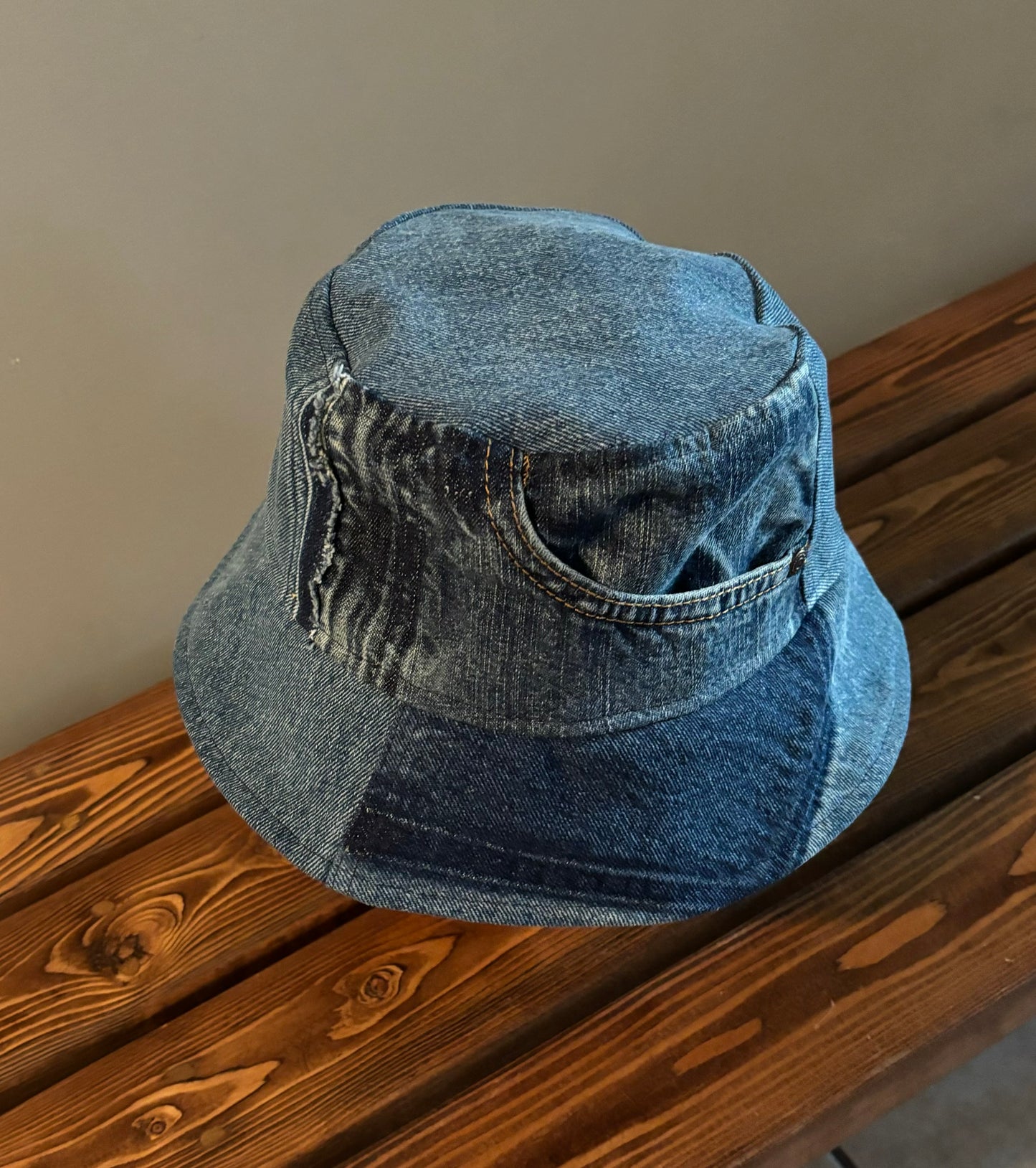 Revesible Upcycled Denim Bucket Hat with Blue Plaid Cotton Lining