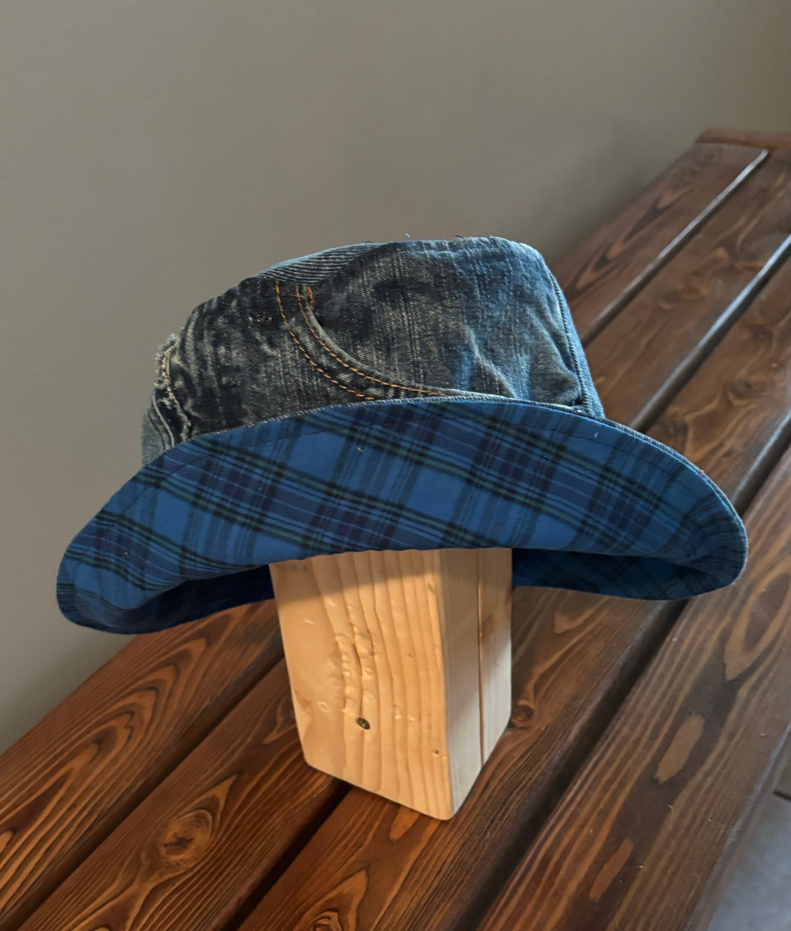 Upcycled Revesible Denim Bucket Hat with Blue Plaid Cotton Lining