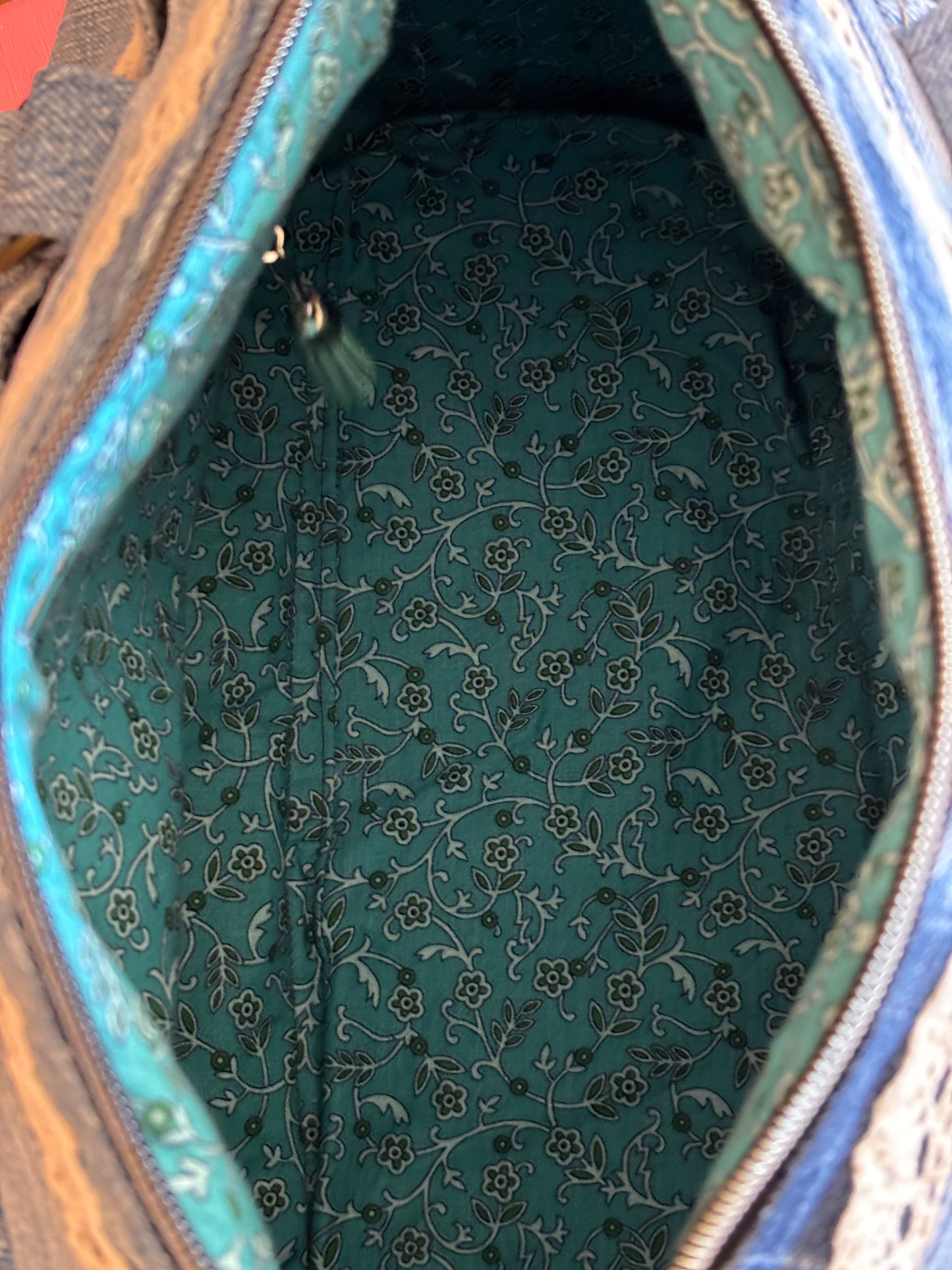 Upcycled Denim Jean Barrel Handbag with Crocheted Antique Lace