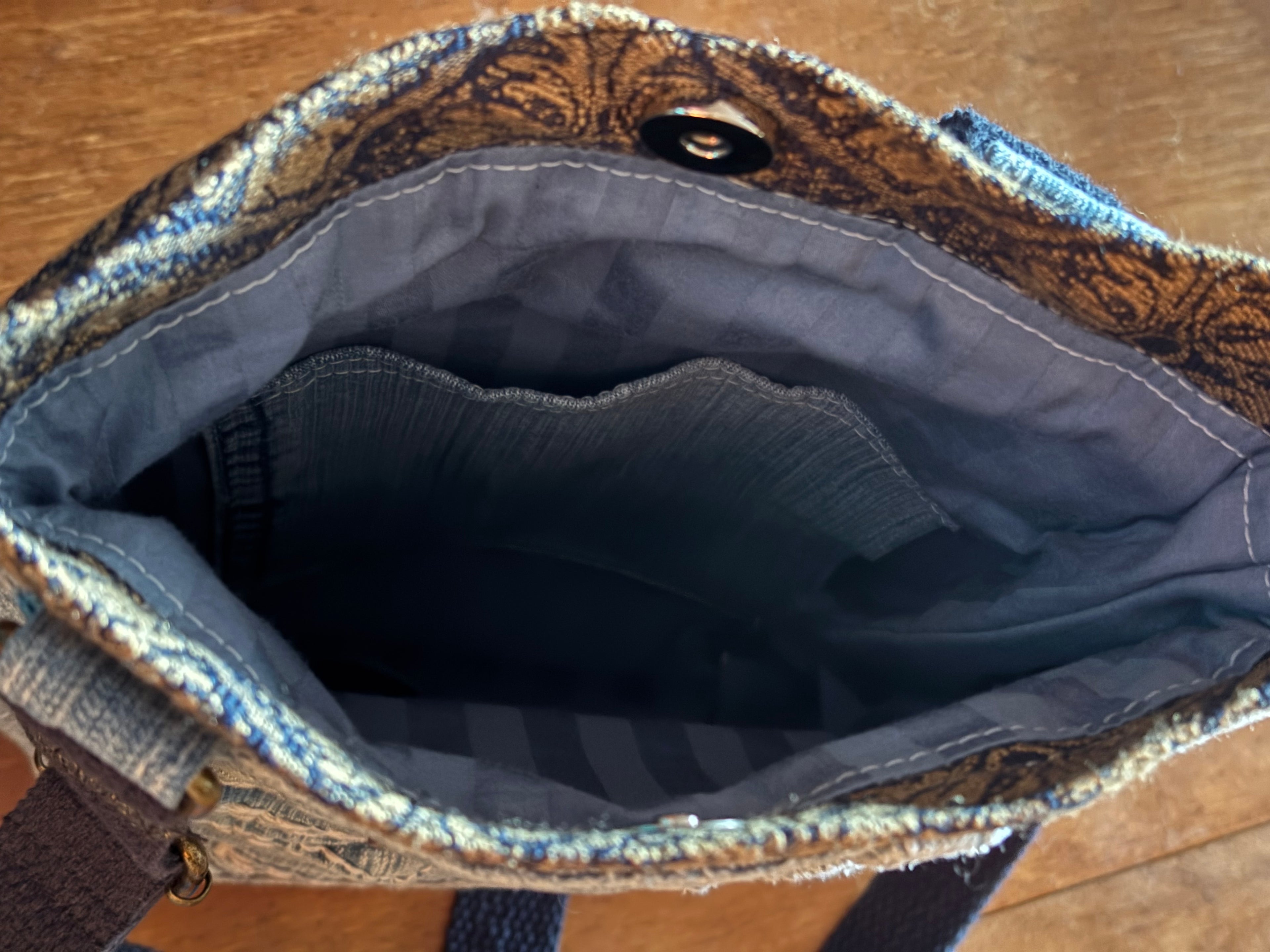 Denim Jeans Upcycled Crossbody Handbag with Upholstery Top