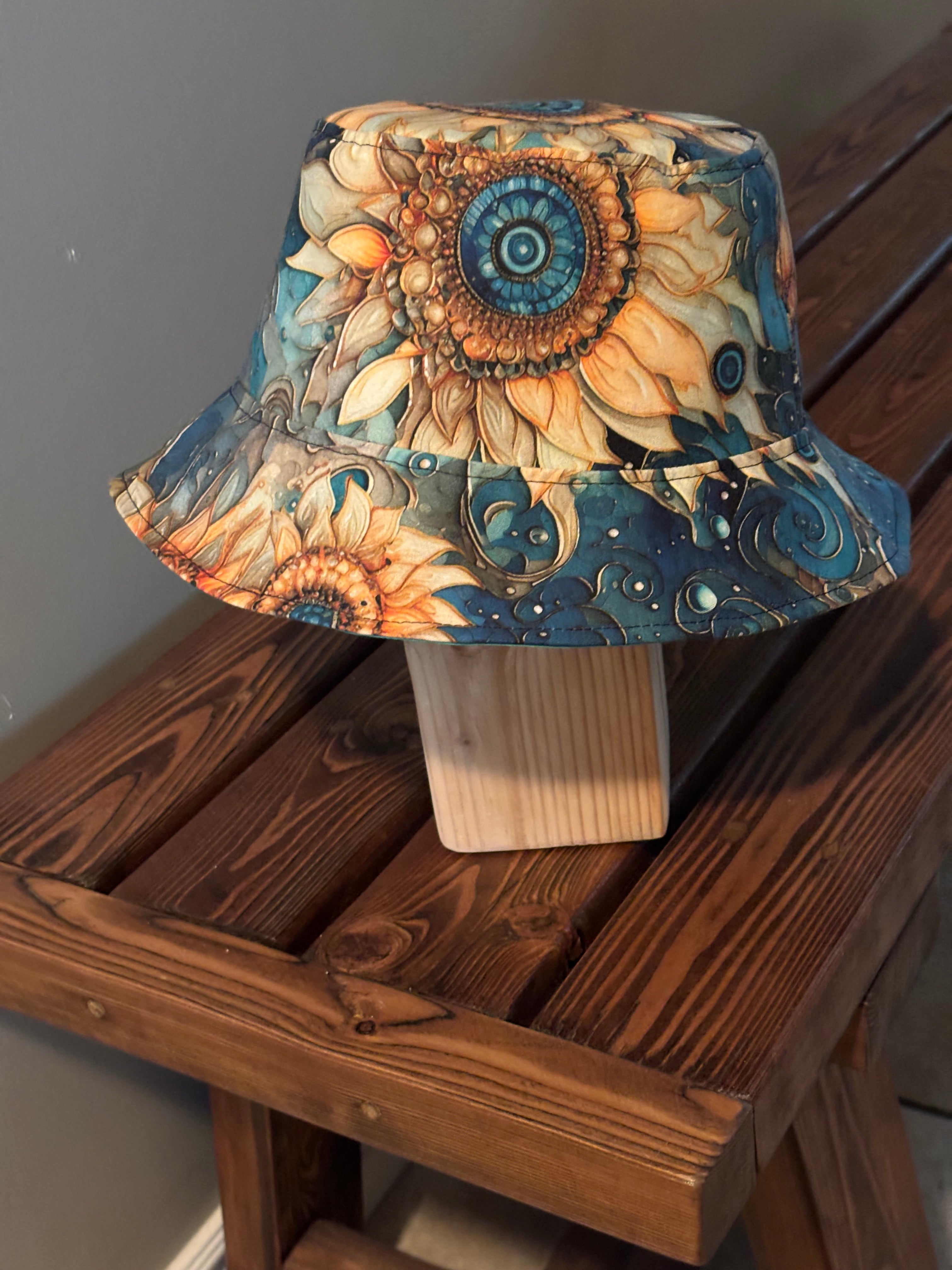 Reversible Bucket Hat with Artist Designed Large Sunflower Fabric