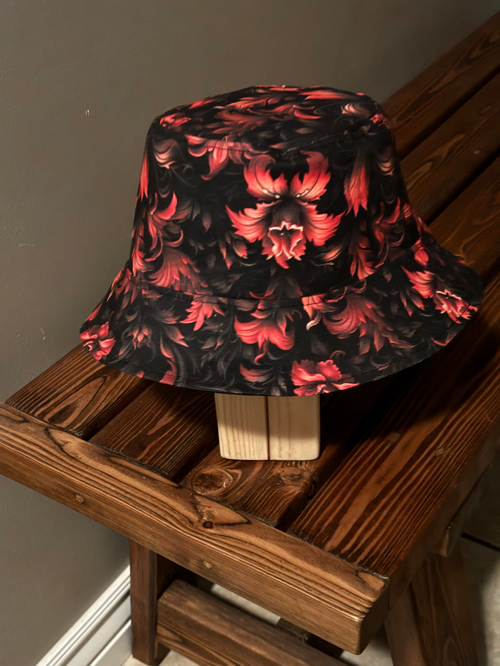Reversible Bucket Hat Designed by an Artist With Gothic Fire Red and Black Flowers