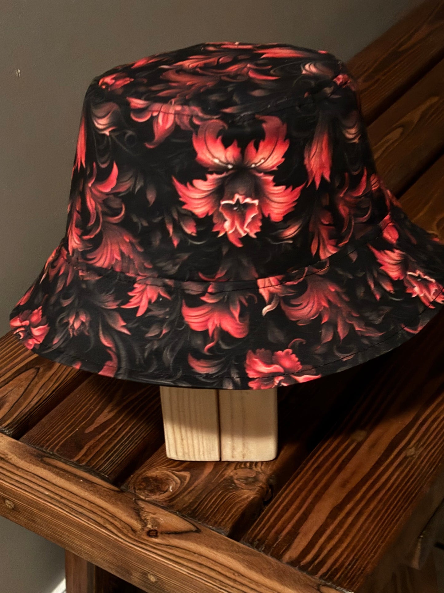 Reversible Bucket Hat Designed by an Artist With Gothic Fire Red and Black Flowers