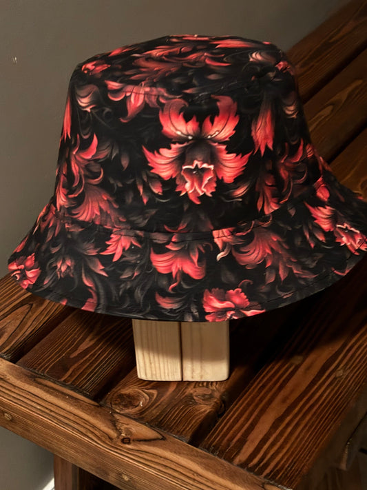 Reversible Bucket Hat Designed by an Artist With Gothic Fire Red and Black Flowers