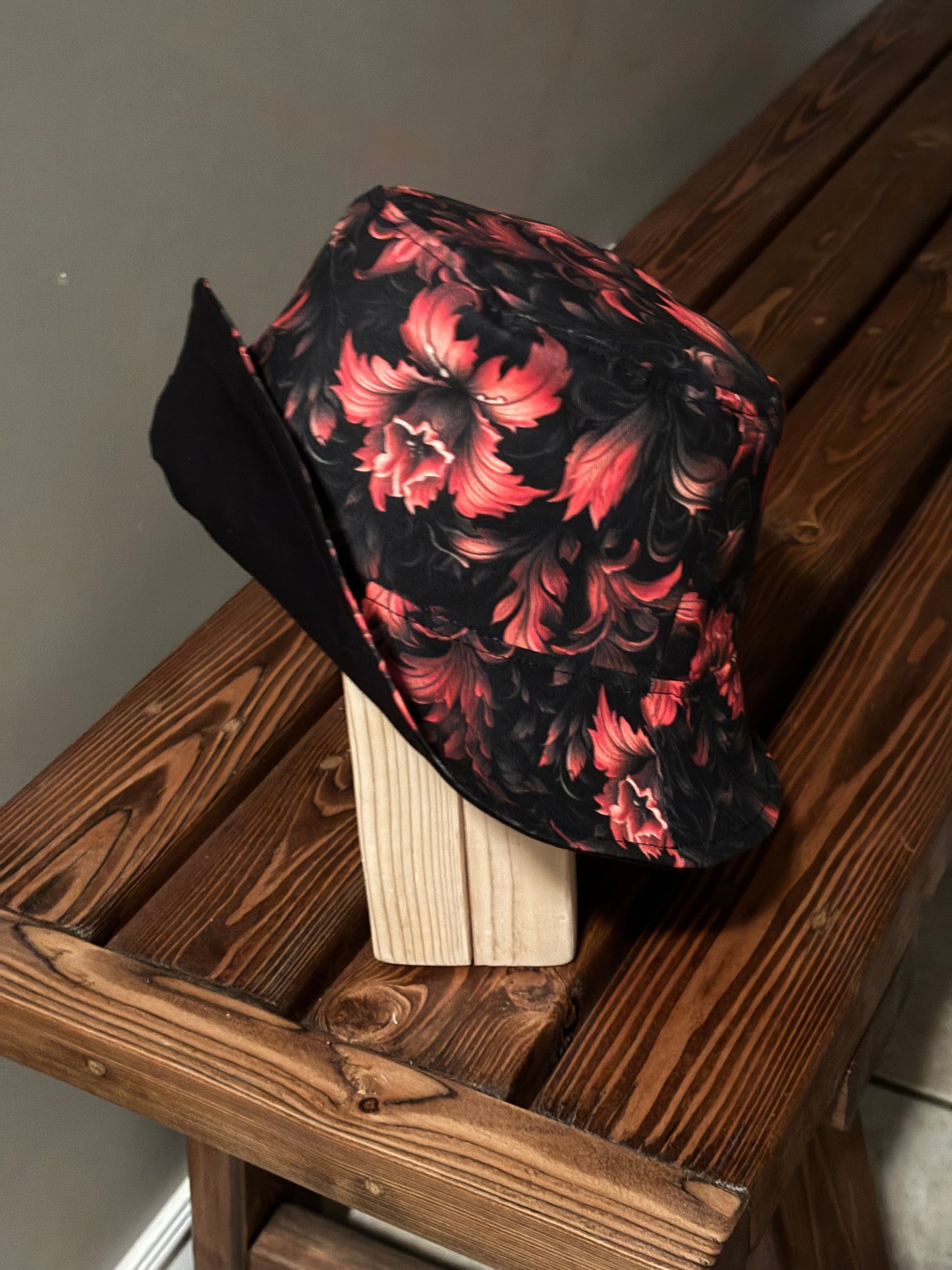 Reversible Bucket Hat Designed by an Artist With Gothic Fire Red and Black Flowers