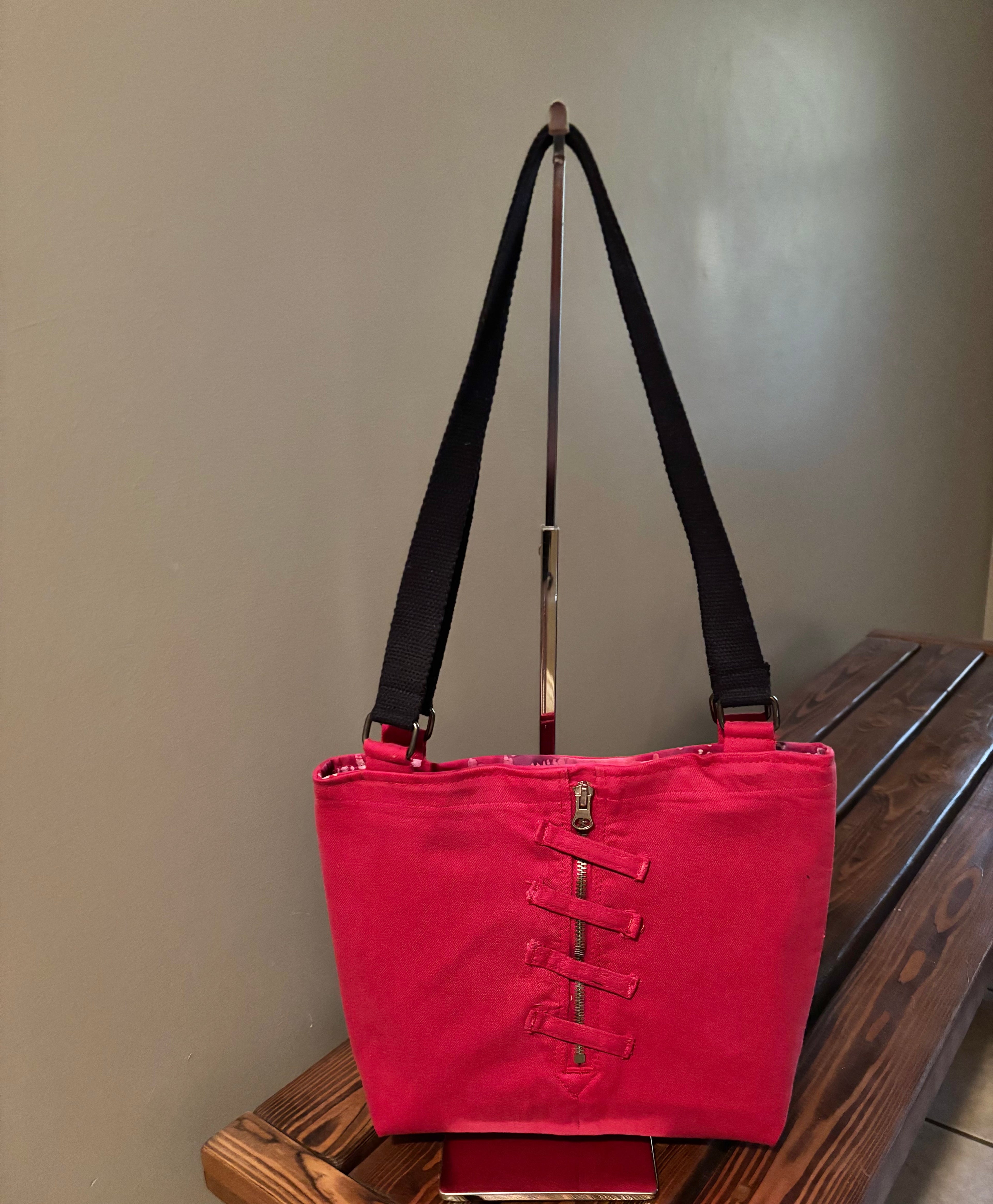 Fun Red Denim Jean Patchwork Shoulder Bag