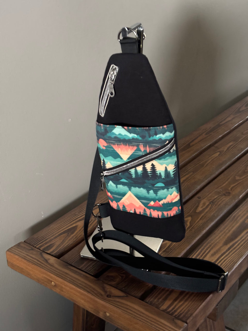 Sling Crossbody Bag made with Forest Print and Black Canvas