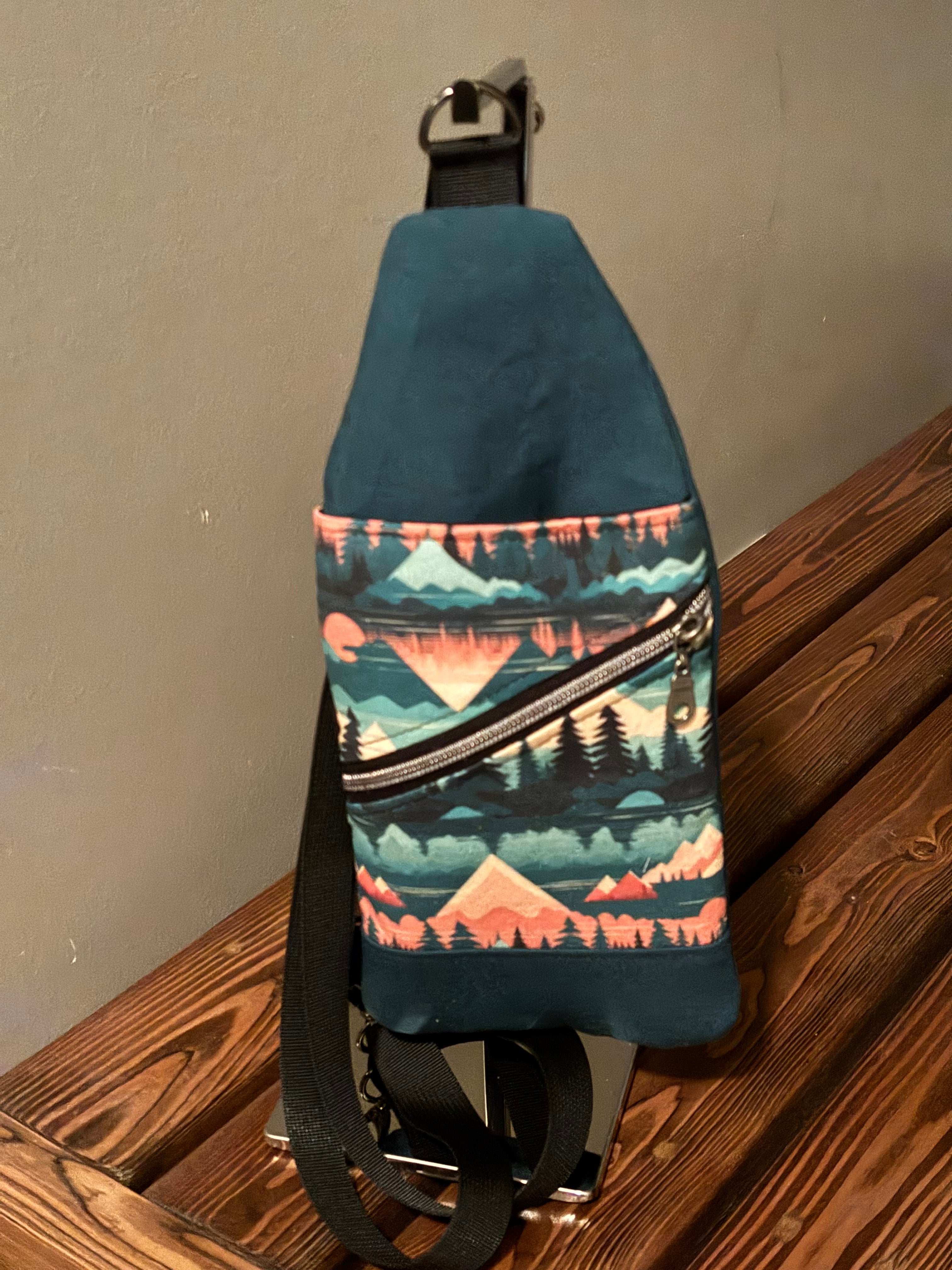 Sling Crossbody Bag made from a Forest Print and Teal Canvas