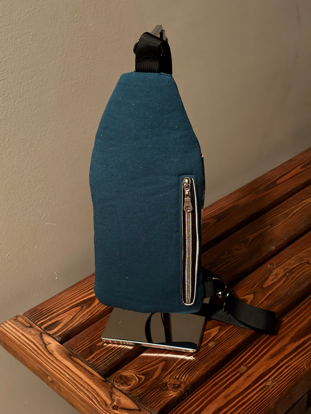 Sling Crossbody Bag made from a Forest Print and Teal Canvas