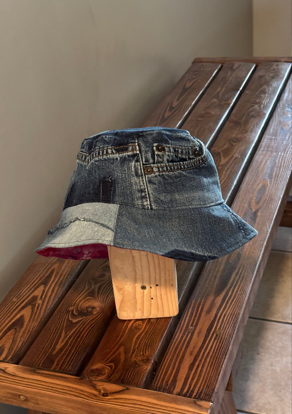 Upcycled Revesible Denim Bucket Hat with Hot Pink Batik Lining