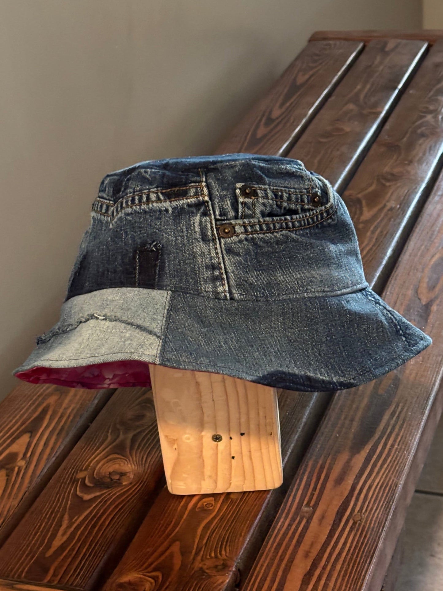 Revesible Upcycled Denim Bucket Hat with Hot Pink Batik Lining