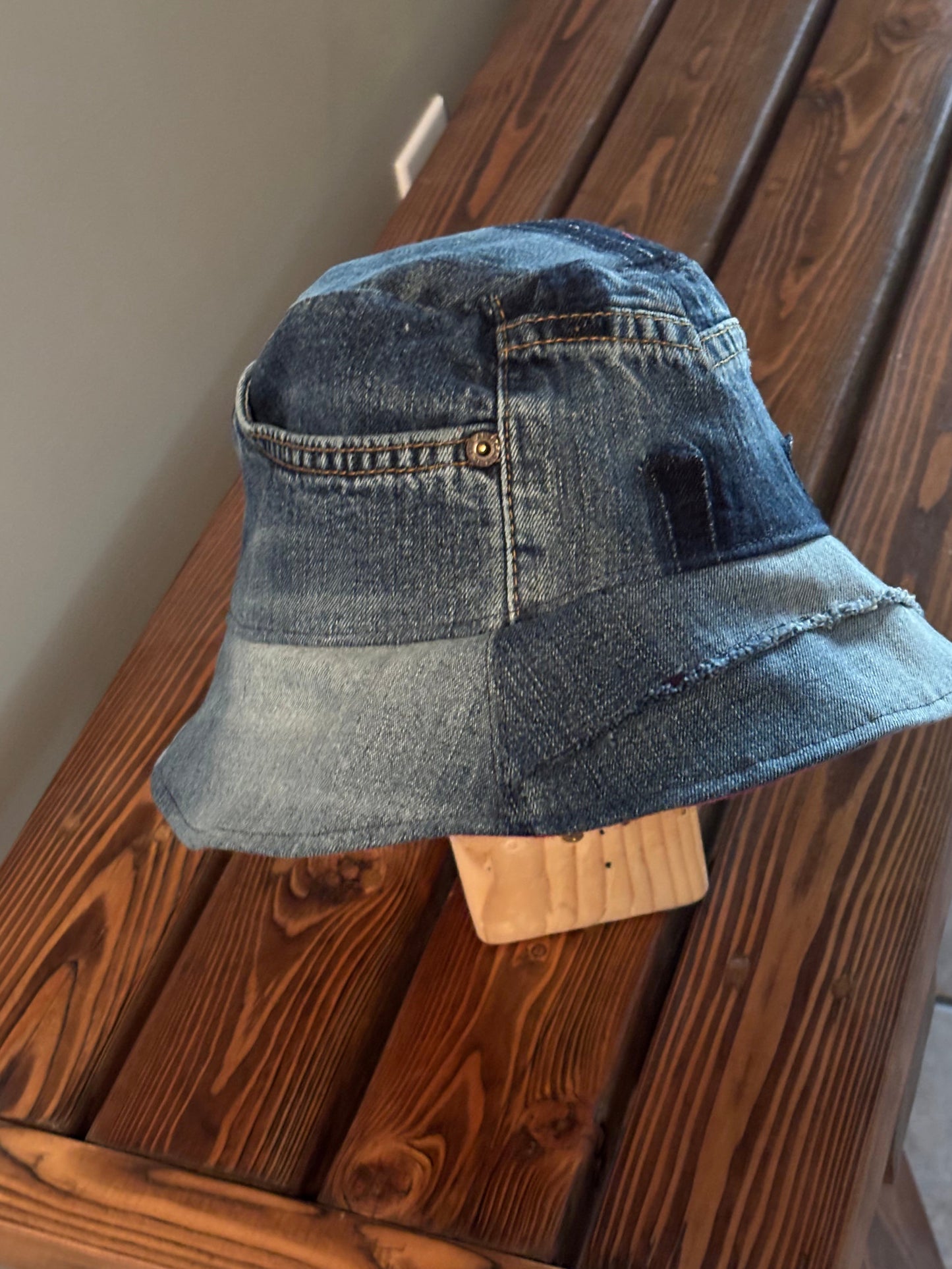 Revesible Upcycled Denim Bucket Hat with Hot Pink Batik Lining