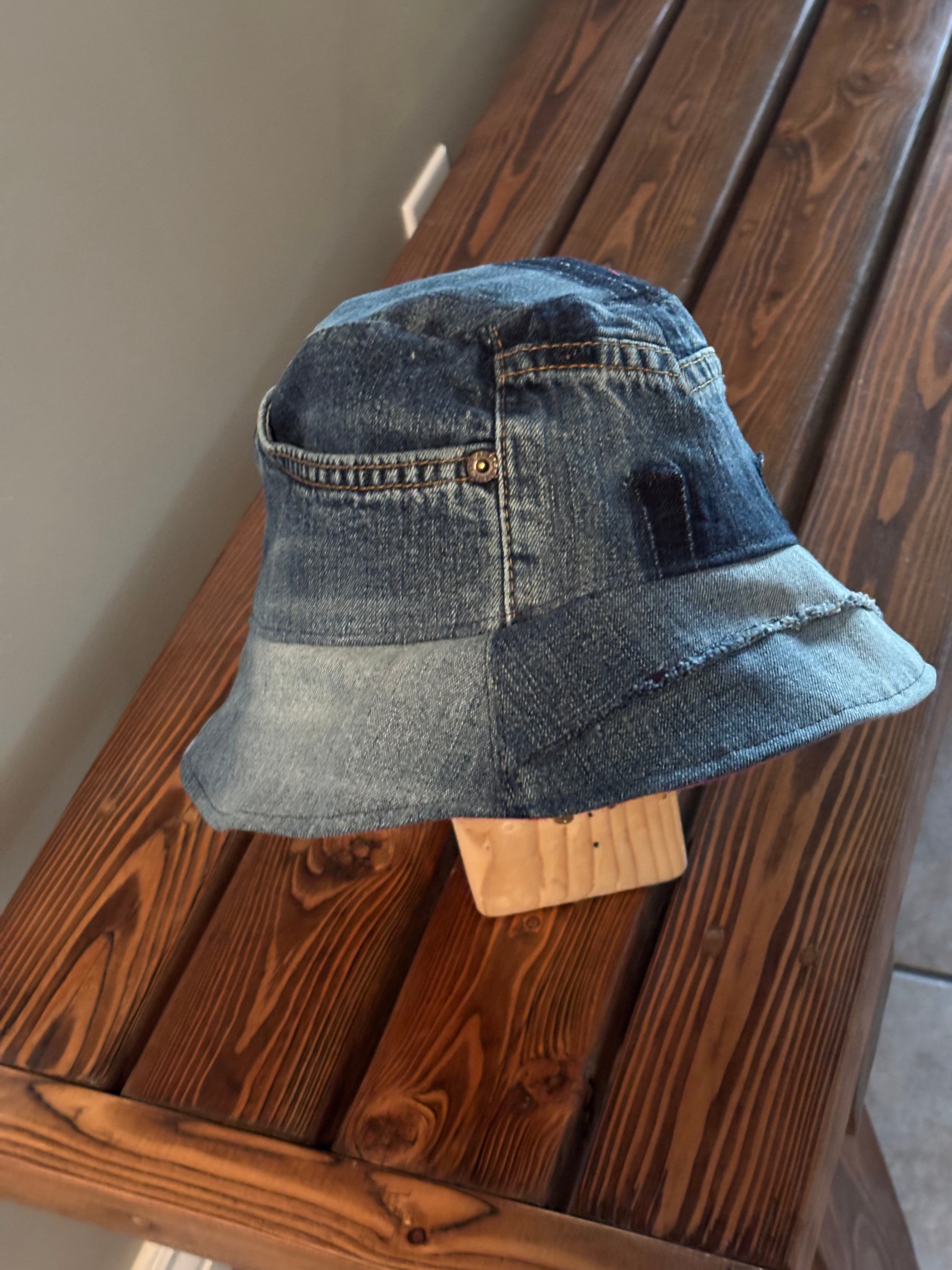 Upcycled Revesible Denim Bucket Hat with Hot Pink Batik Lining