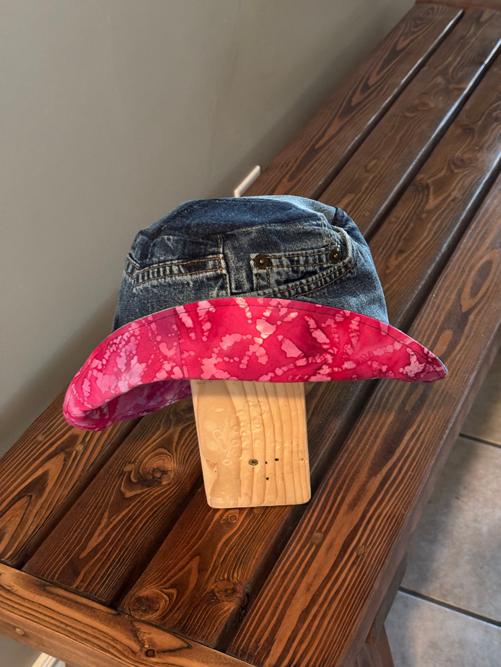 Upcycled Revesible Denim Bucket Hat with Hot Pink Batik Lining