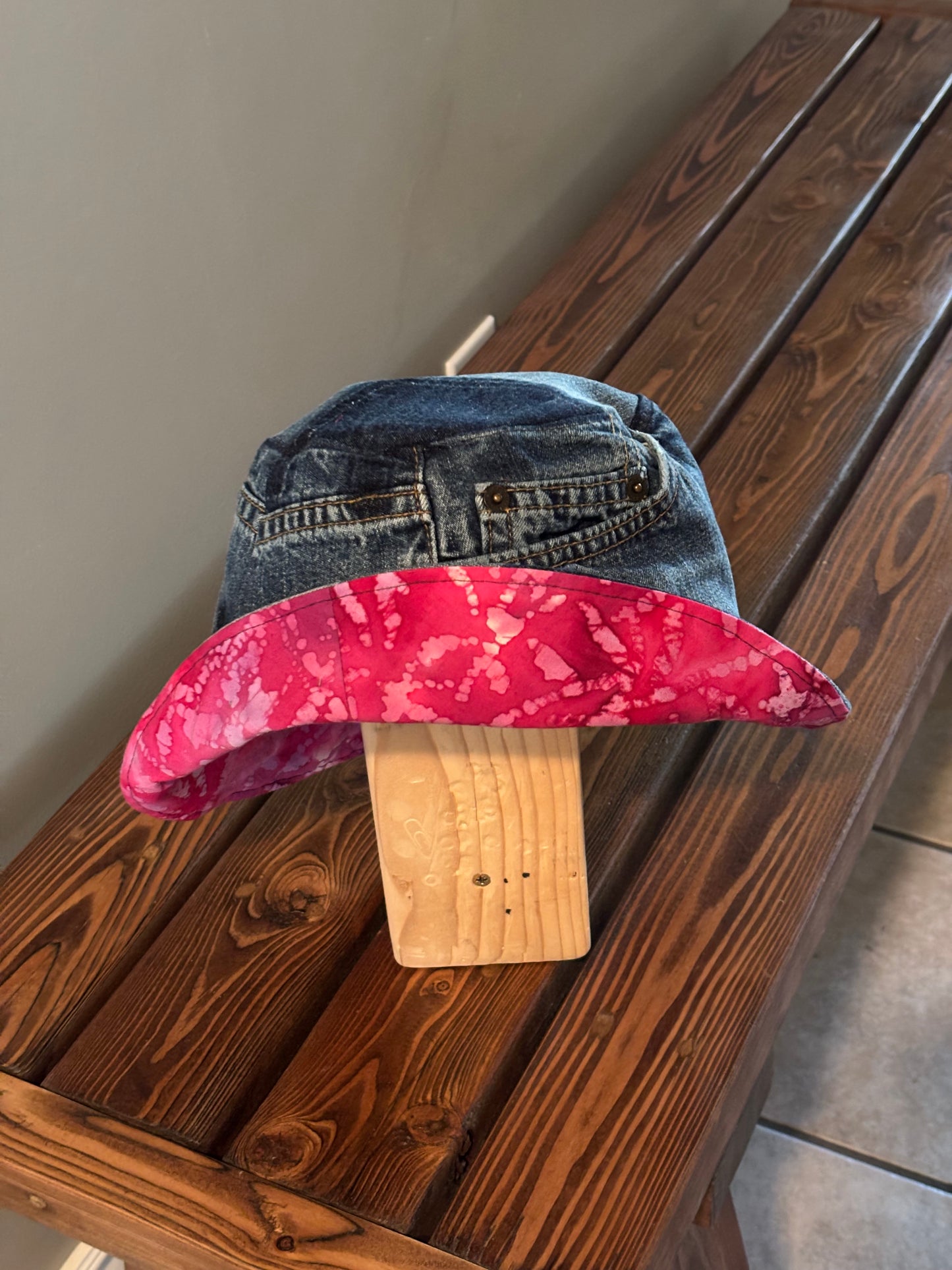 Revesible Upcycled Denim Bucket Hat with Hot Pink Batik Lining