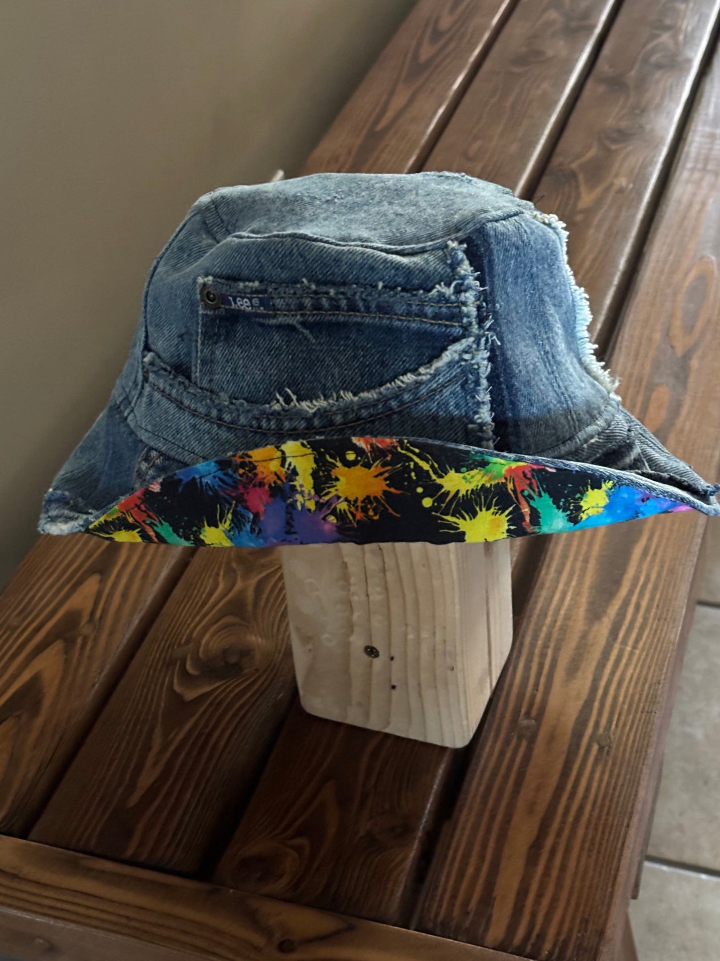 Revesible Upcycled Denim Bucket Hat with Splatter Paint Cotton Lining