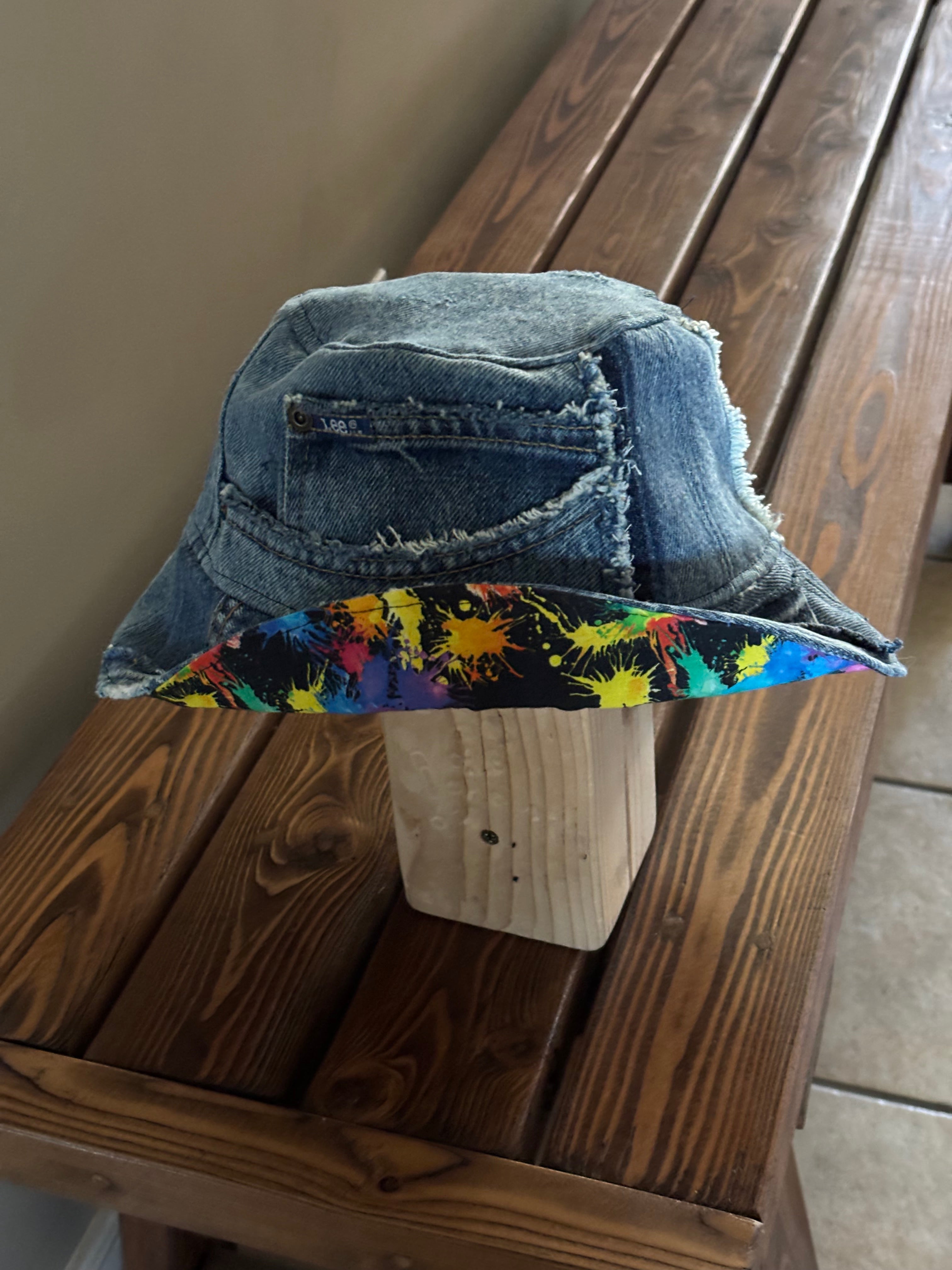 Upcycled Revesible Denim Jean Bucket Hat with Splatter Paint Cotton Lining
